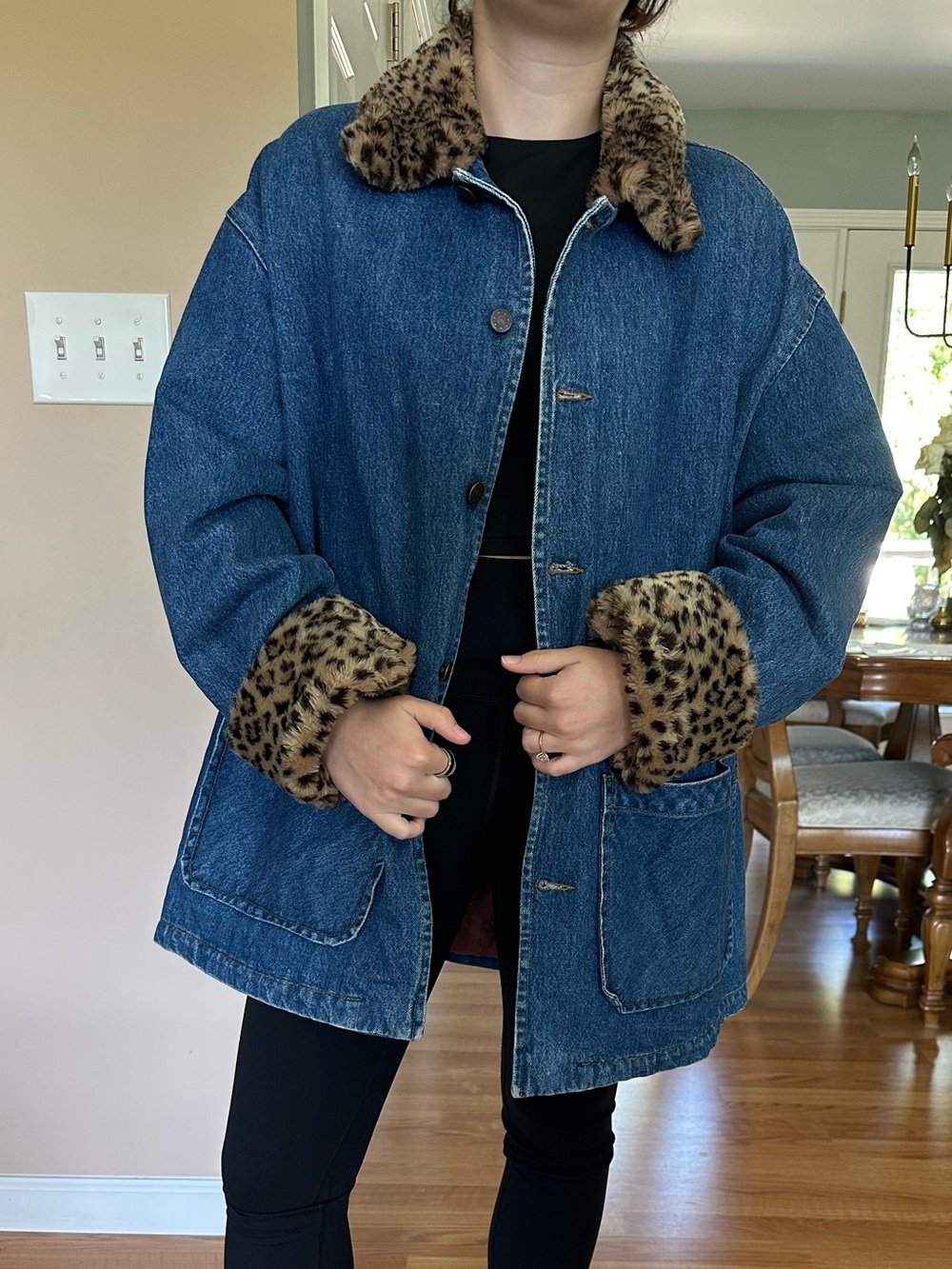Blue Denim Jacket with Leopard Faux-Fur Trim